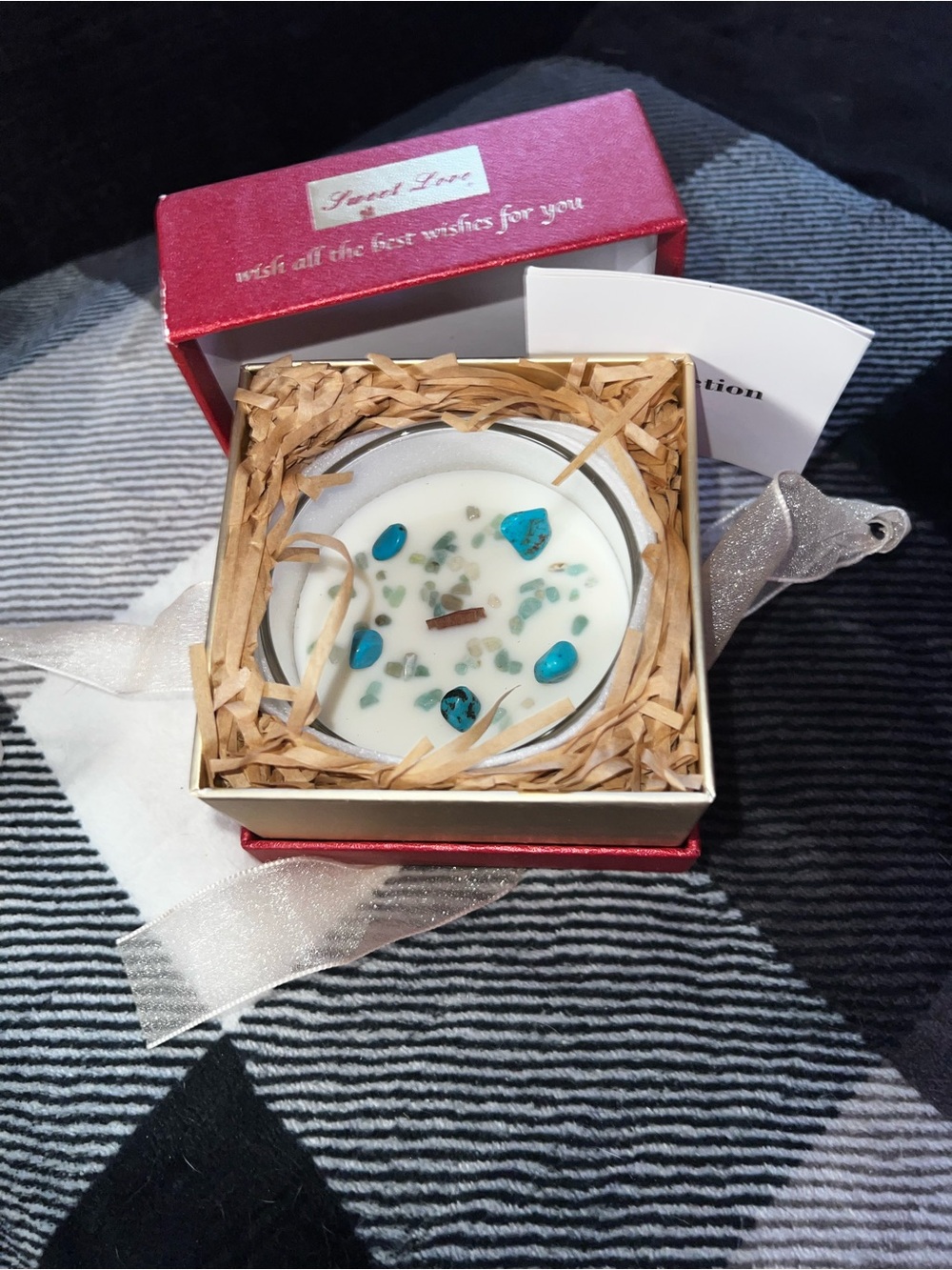 Sweet Love White Candle with Turquoise Crystal Accents Vanilla scented